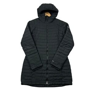 Columbia Jacket Women Medium Black White Out Omni Heat Long Hooded Puffer *READ*